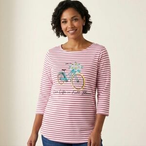 Ruby Rd. Pink and White Striped Bicycle Graphic Long Sleeve Top
